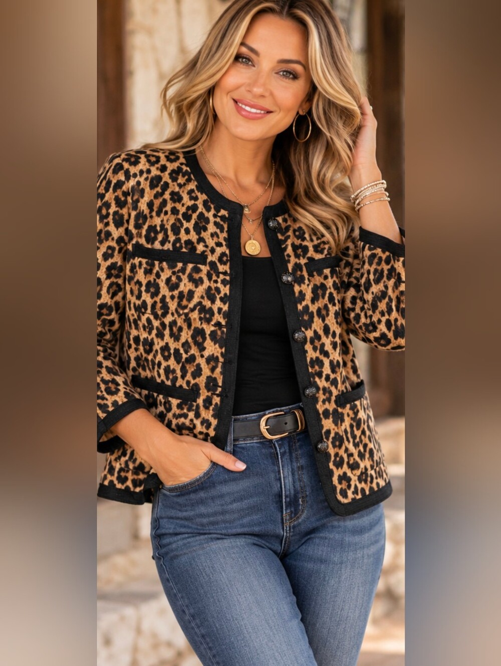 East 5th Leopard Print Button Front Jacket Women's Medium Animal Print Career Ch